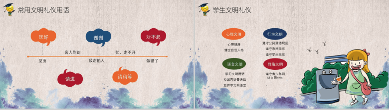 卡通中国风小学生文明礼仪教育培训主题班会PPT模板-6
