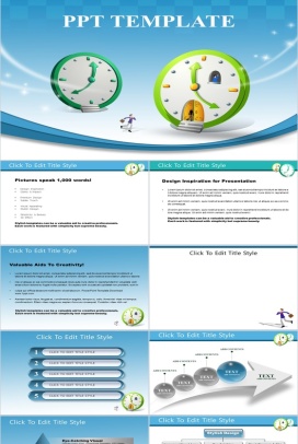 蓝色淡雅卡通时钟背景商务PPT模板