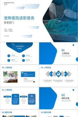 蓝白简约宠物医院述职报告PPT模板