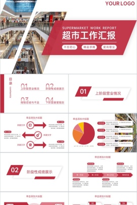 红色商务超市工作汇报营业情况总结演讲PPT模板